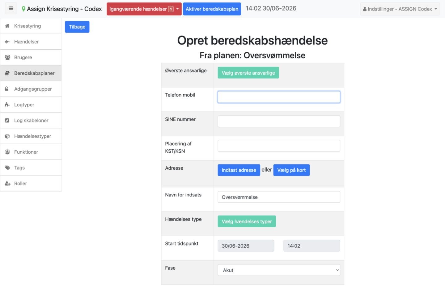 Formularen Opret beredskabshændelse med ansvarlig, adresse, hændelsestype, starttidspunkt og fase
