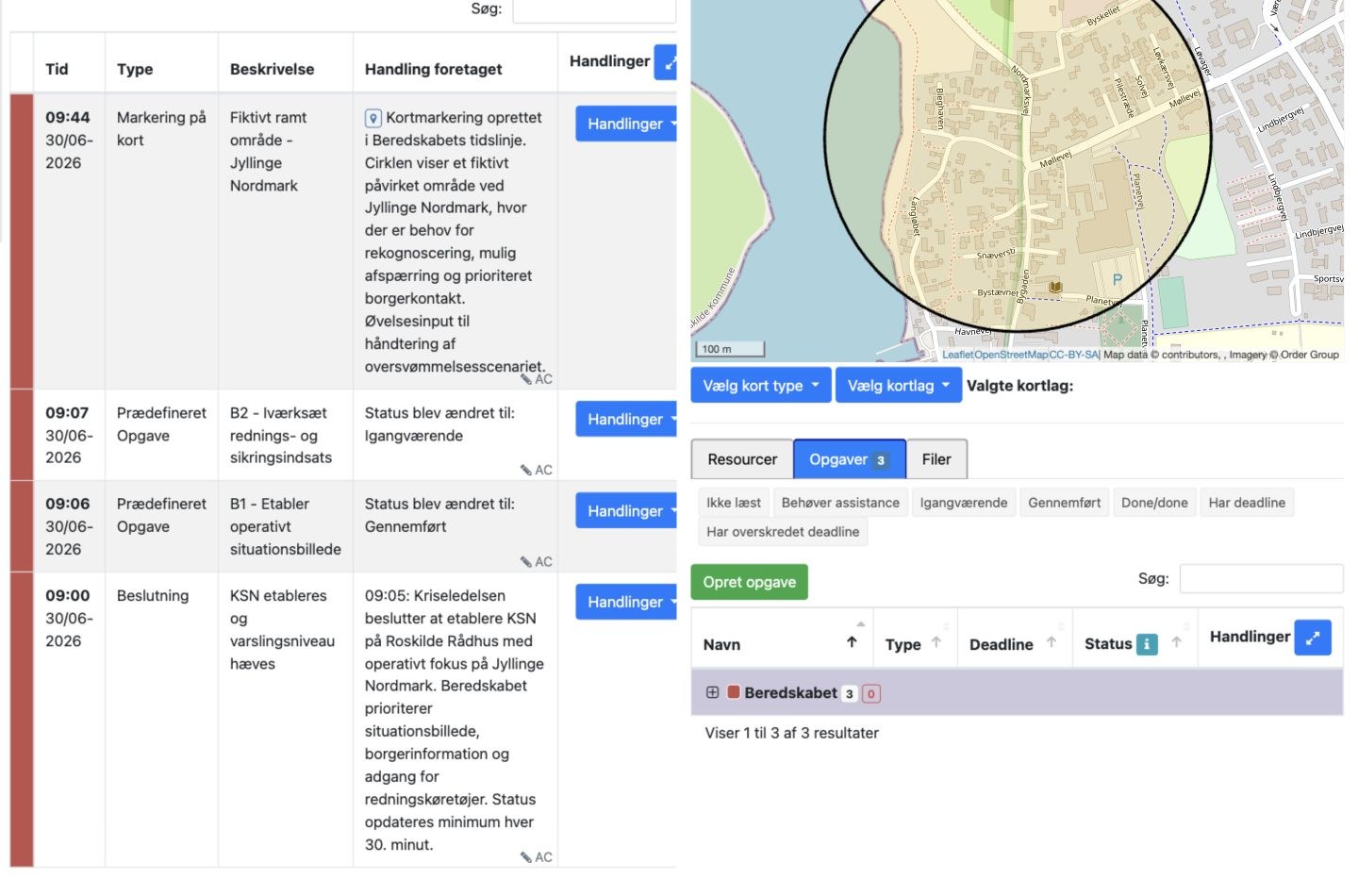 Opgaveliste med statusfiltre og statusfelt for opgaver i Beredskabets tidslinje