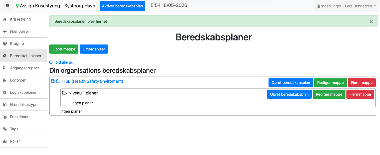 Her er første afdeling og deres første beredskabsplan oprettet på mappeniveau